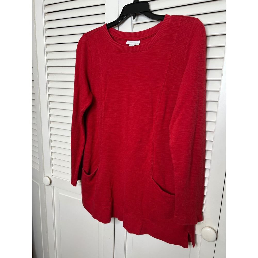 J Jill Red Tunic S Crew Neck Patch Pockets Side Slits Cozy Holiday Knit - Picture 2 of 8
